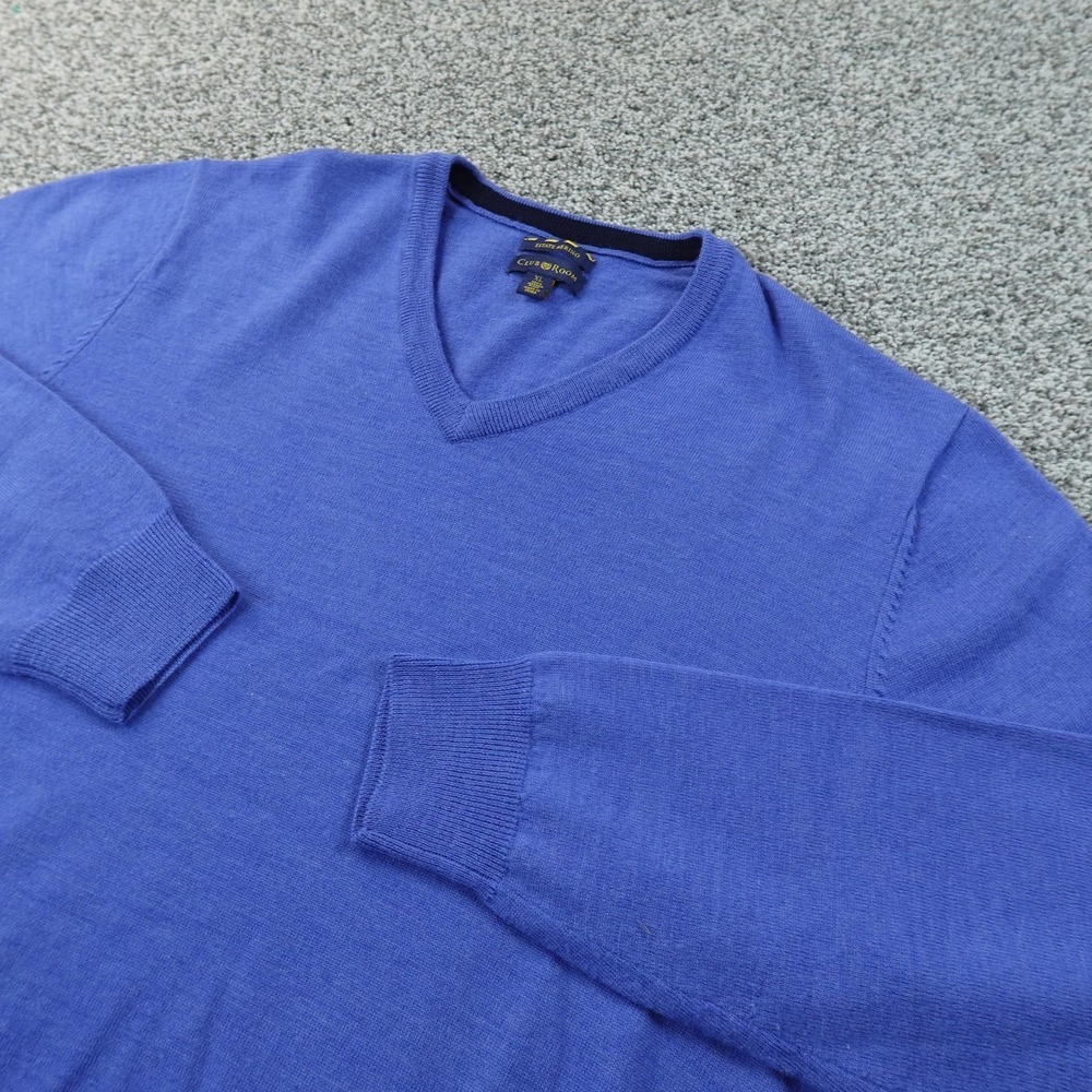 Club Room Sweater Mens XL Blue Merino Wool V Neck Knit Pullover Lightweight Soft